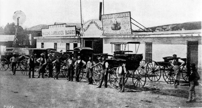 Louis Roeder's blacksmith shop, seen here circa 1878 occupied the west side of Spring Street just south of First. Courtesy of the USC Libraries - California Historical Society Collection.