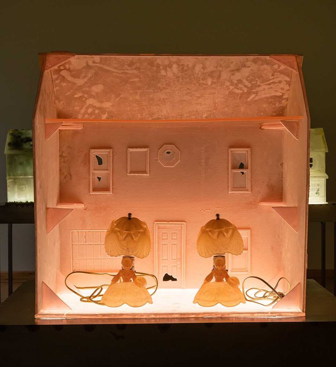 Installation view of "Sula Bermúdez-Silverman: Neither Fish, Flesh, nor Fowl" at CAAM featuring a pink dollhouse made of sugar. | Elon Schoenholz