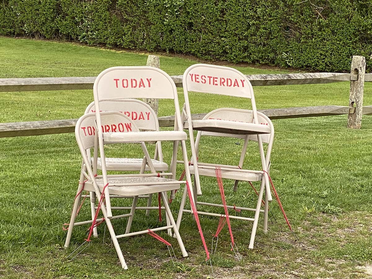 “When," powder coated metal folding chairs, enamel paint, 2020 by Toni Ross and Sara Salaway | Courtesy of the artist