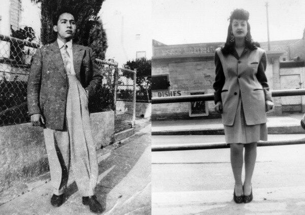 Left: ''Manuel Ybarra in zoot suit, 1942.'' Right: ''Josie is wearing her zoot suit while waiting for the Red Car at E. 41st St. and Long Beach Ave. in Los Angeles, ca. 1945