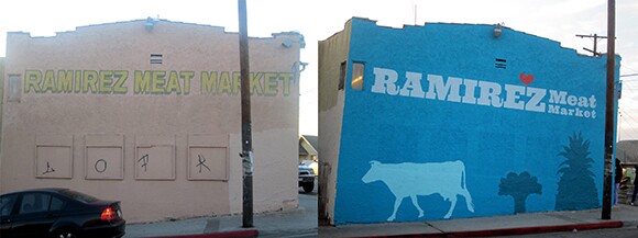 Before and after pictures at Yash La Casa and Ramirez Meat Markets highlight the colorful, graphic approach Public Matters takes to transforming not just the look but the overall concept of what a corner store can be. <br />