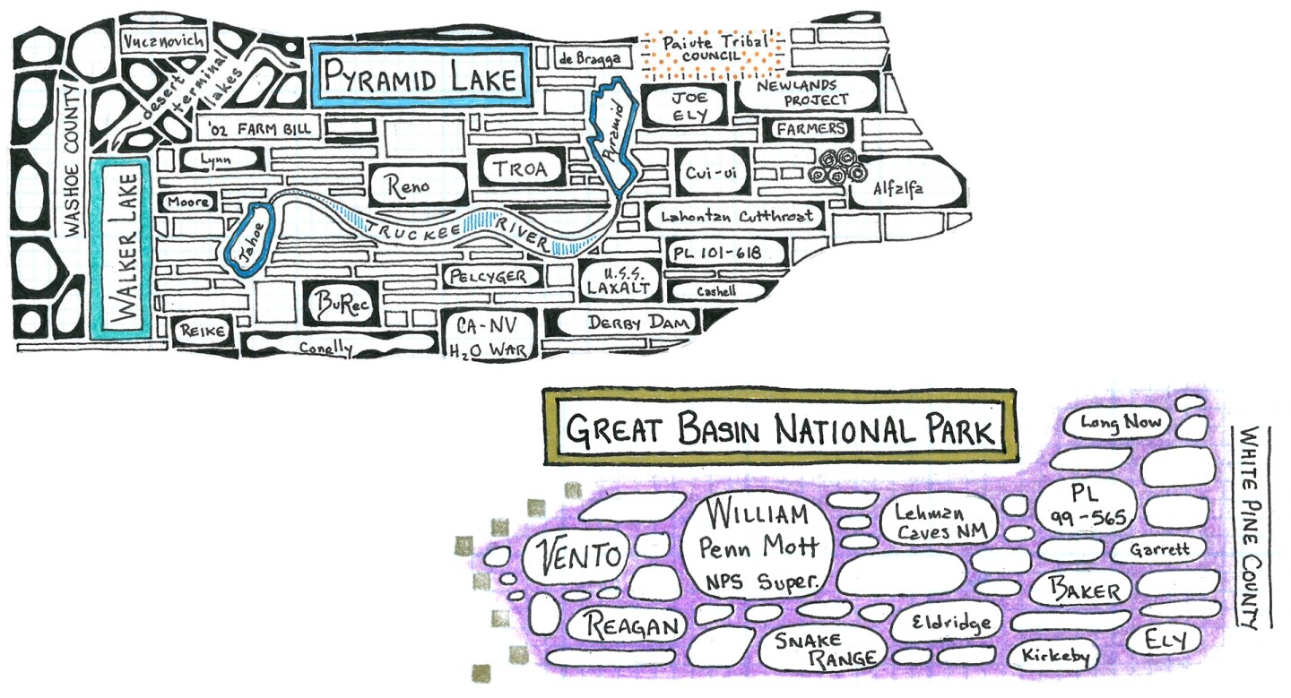 The "Great Basin National Park" and "Pyramid Lake" panels represent historical events on Sen. Harry Reid's environmental power map. | Illustrated by Kai Anderson
