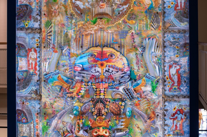 An artwork that shows details like butterflies, palm trees and flowers.