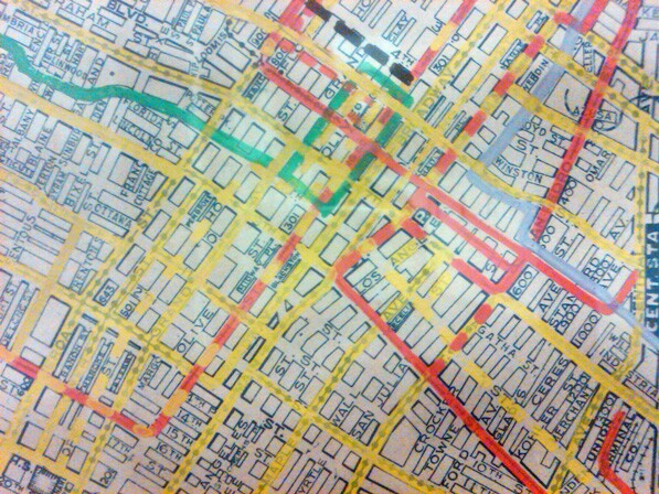 Detail of a street and railway map of Los Angeles, circa 1928. Courtesy of Metro Transportation Library and Archive.