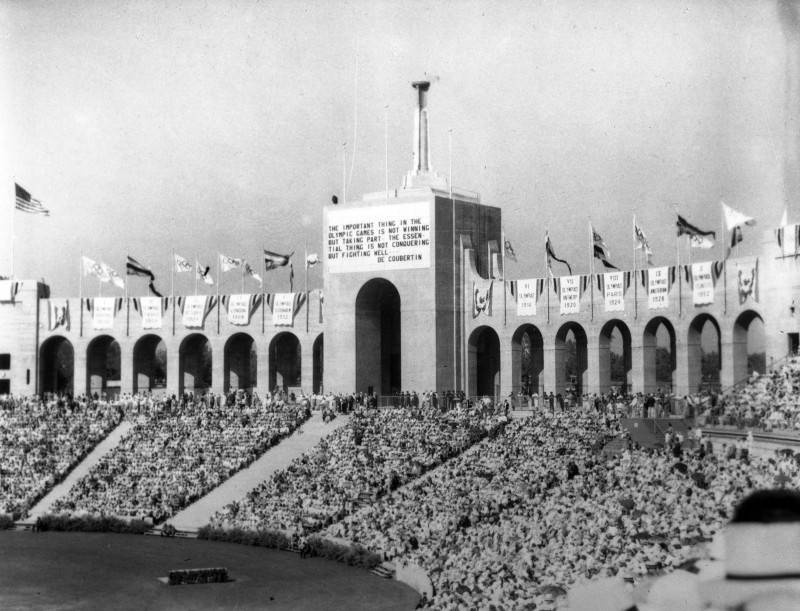 The Coliseum built for the 1932 Los Angeles Olympics is filled with crowds.