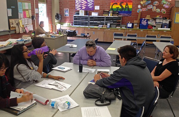 MVHS Youth Voices students meet with Principal Larry Cecil and Claire Robinson from Amigos de los Rios