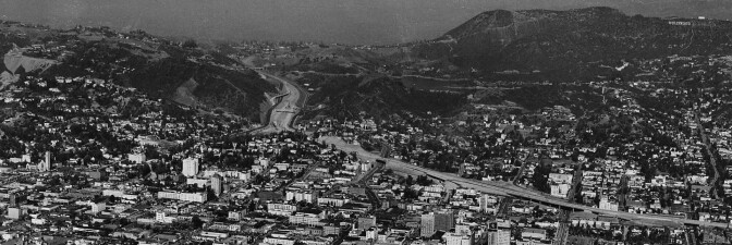 Aerial view, Hollywood, Cahuenga Pass and Hollywood Freeway (US-101), cropped