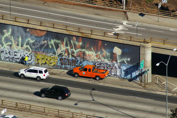 Caltrans taking a close look at John Wehrle's mural in December, 2009 I Photo by Ed Fuentes/viewfromloft