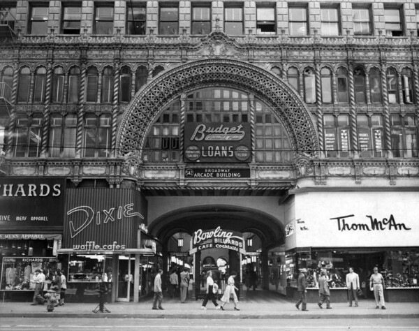 1953 view of Broadway-Spring Arcade, which follows the path of Mercantile Place. Courtesy of the Herald-Examiner Collection - Los Angeles Public Library.