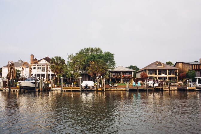 Homes and fishing villages on the edge of Clear Lake, Texas.