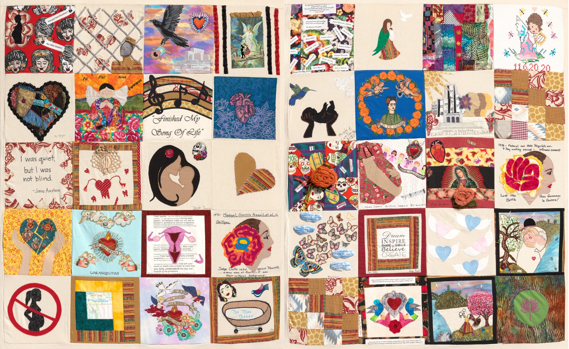 A quilt comprised of patch squares containing images of hope and words of encouragement relating to reproductive rights and motherhood. One of the patches include imagery of the Virgin Mary while another is a design of a mother kissing the forehead of a child. Another patch features imagery of uteruses.