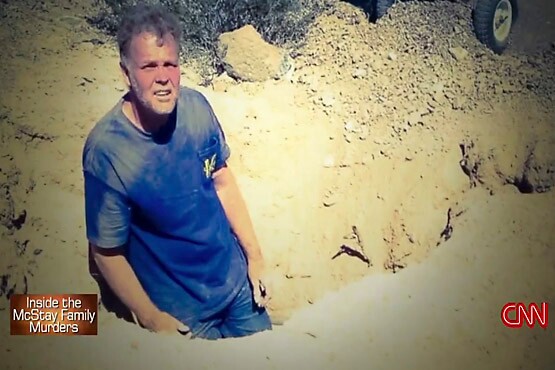 Chase Merritt, shown in a hole he presumably dug, is currently awaiting trial for the McStay family slayings.