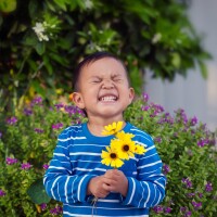 A cheerful young boy holding a few hand picked yellow flowers during spring time, standing in front of a lush garden.