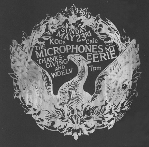 Microphones flyer, Koo's Cafe, 2004, by Ryan August. | Courtesy of <a href='http://www.gigposters.com/poster/29528_Microphones.html'>Gig Posters</a>.