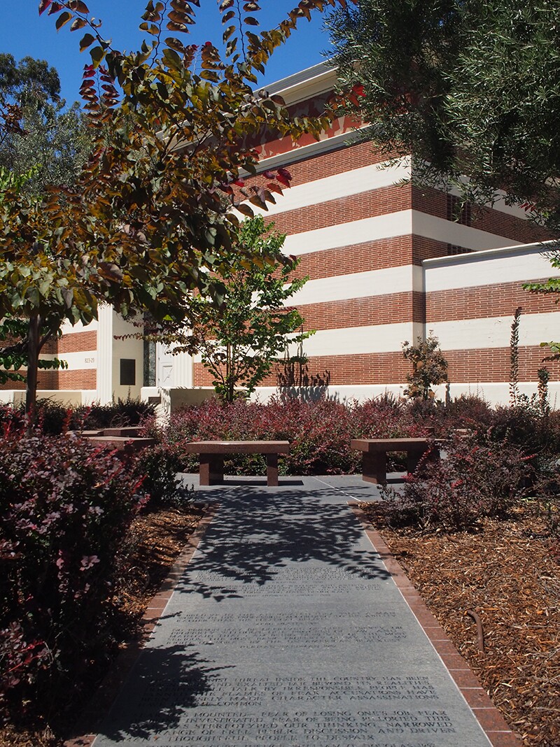 The pathway to "Blacklist," 1999. A Public Work by Jenny Holzer. Collection of USC Fisher Museum of Art. This work is a gift of The First Amendment/Blacklist Project Committee. | Courtesy of USC Fisher Museum of Art