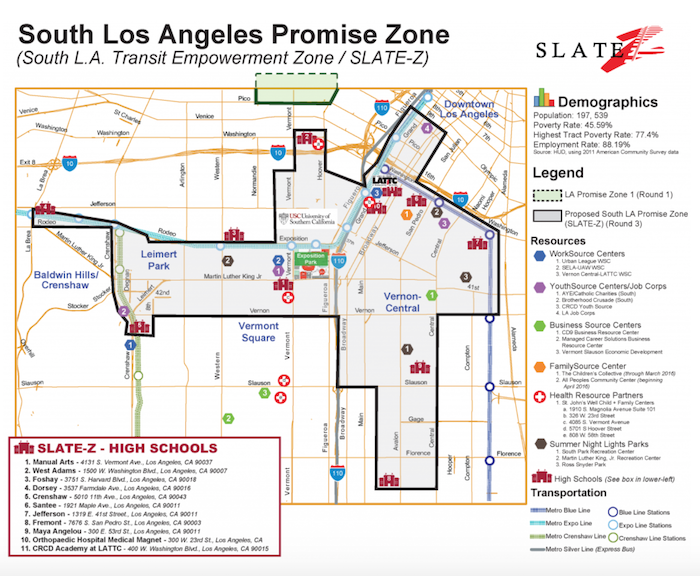 Slate-Z’s Promise Zone designation covers South L.A. neighborhoods south of the 10 freeway including parts of Vernon-Central, South Park, Florence, Exposition Park, Vermont Square, Leimert Park and Baldwin Hills/Crenshaw area.