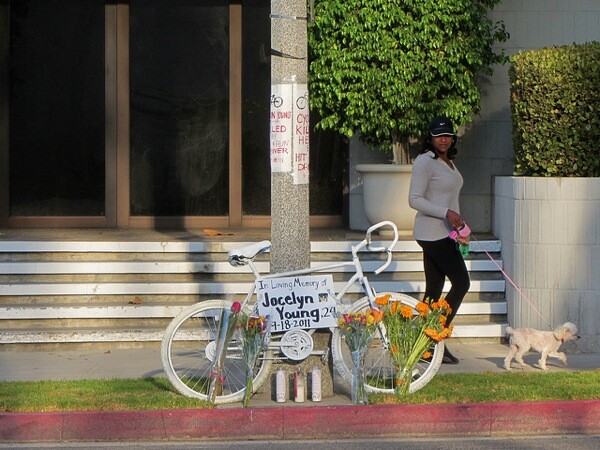 A memorial ghost bike in Pasadena left for hit-and-run victim Jocelyn Young, who was killed while riding her bike in 2011.