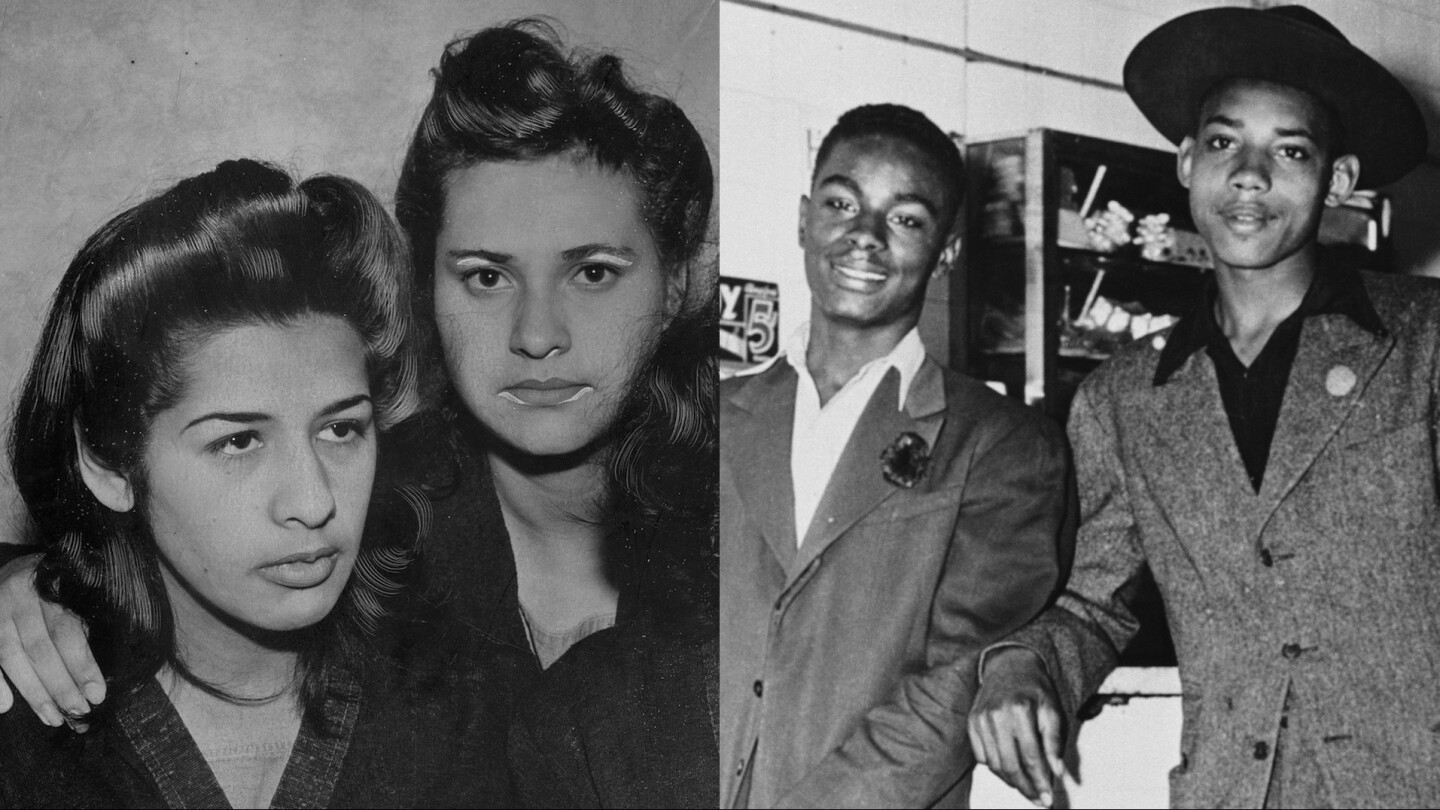 Pachucas and African American teens in zoot suits, 1940s.