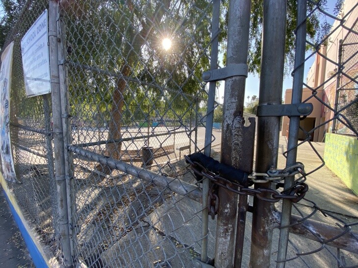 A padlocked gate at Micheltorena Street Elementary School, an L.A. Unified School District campus in Silver Lake, on April 1, 2020.