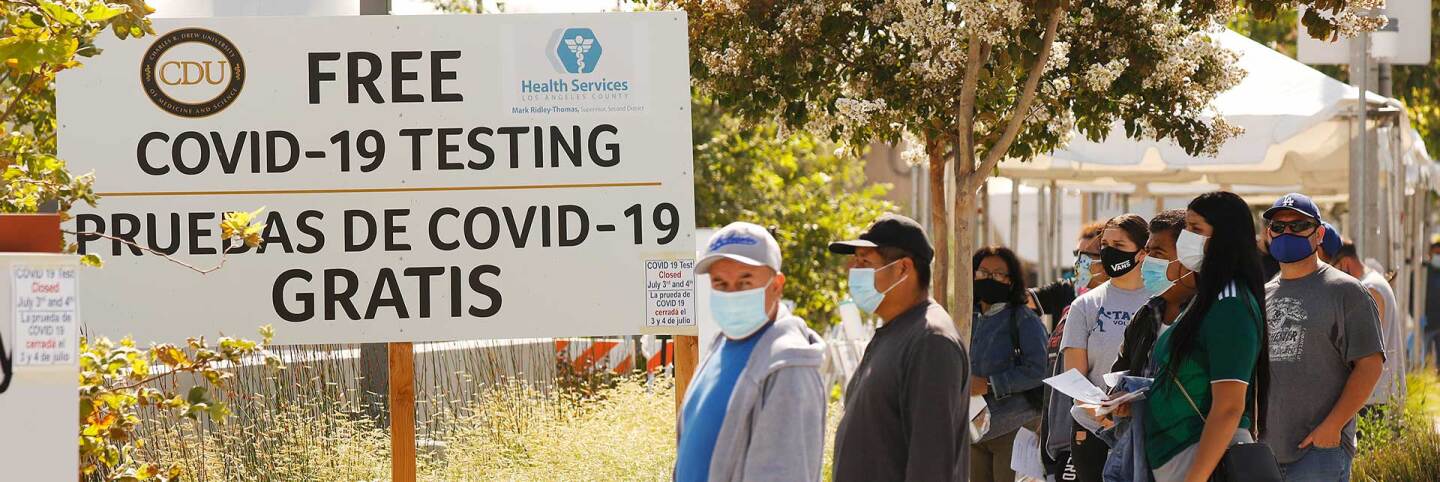 Walk-ins wait for Coronavirus Covid-19 testing in LA County at the Charles R. Drew University of Medicine and Science in South Los Angeles on July 8, 2020. | Al Seib / Los Angeles Times via Getty Images