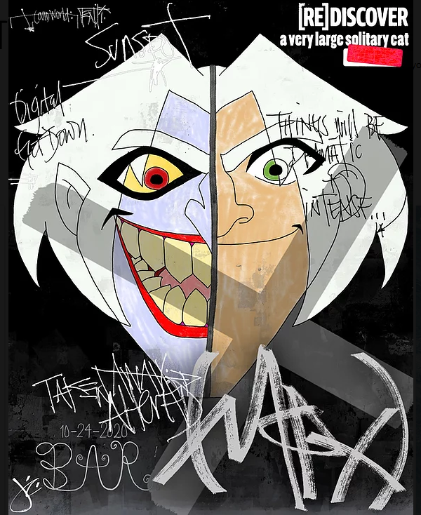 A two-faced cartoon juxtaposes with graffiti