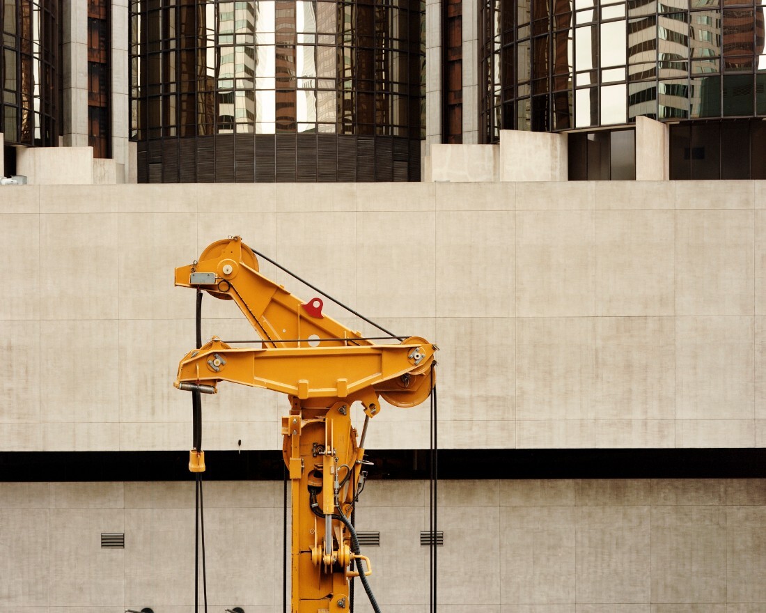 "4th and Flower, Crane, Regional Connector Transit Project, Flower St. Decking, L.A. Metro (Total Project Budget $1.55 Billion), 2016" by Alex Slade | Courtesy of the artist OCMA Triennial