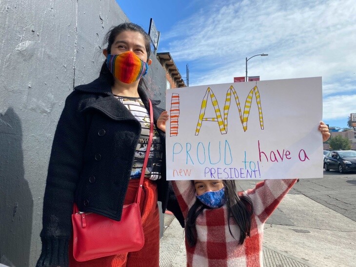 Revelers in Echo Park celebrate Joe Biden's electoral college win over President Donald Trump on Saturday, Nov. 7, 2020. | Gina Pollack/LAist
