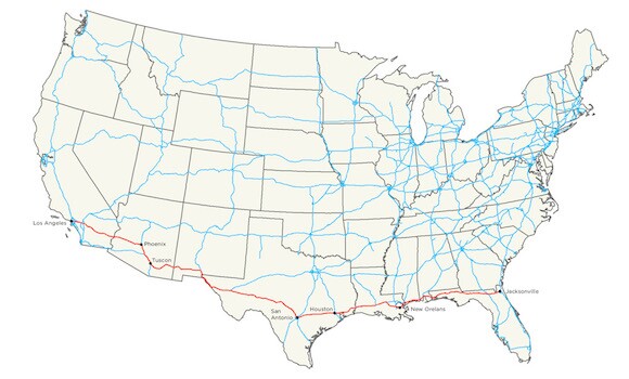 Map of the Manifest Destiny Billboard Project (2013-2015) along Interstate 10, beginning in Jacksonville, Florida and ending in Los Angeles, California. | Image courtesy of Zoe Crosher and LAND (Los Angeles Nomadic Division)