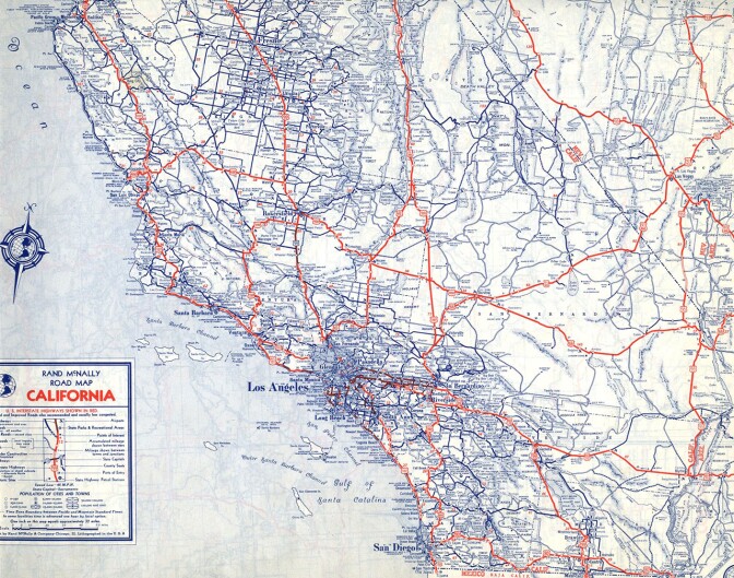 U.S. numbered highways appear prominently in this 1940 Rand McNally road map of California. Courtesy of the Map Collection - Los Angeles Public Library.