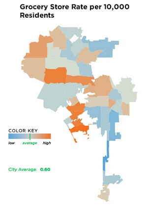 Map displaying the disparity in the number of grocery stores in various L.A. neighborhoods | More at healthyplan.la
