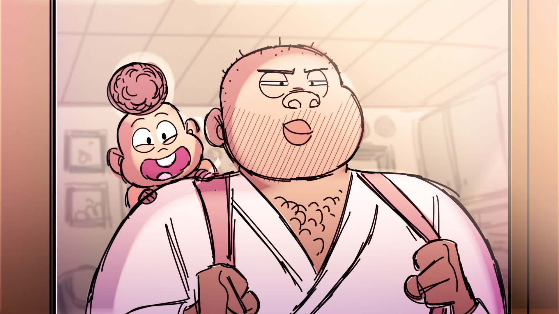A still from animated short "Wolf and Cub" depicts an Black father and son standing at a doorway. The son is piggy-backed on his father's shoulders. The father as a determined look on his face and is clutching onto two backpack straps.