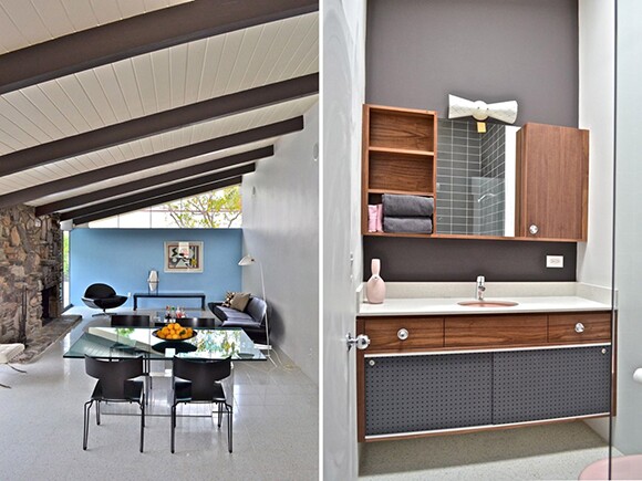 Left: Restored Living Room. Right: Reconstructed Walnut Bathroom Cabinetry | Photos: Hank Connell.