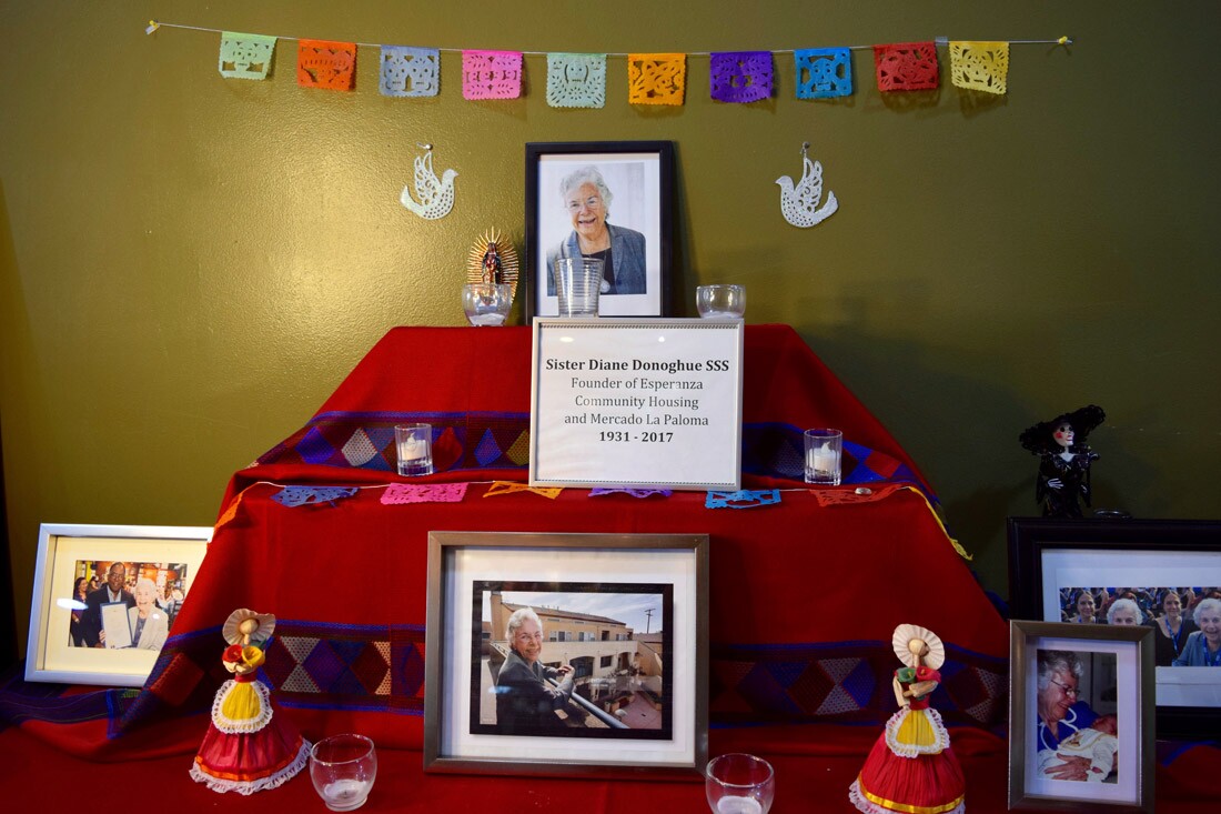 Altar tribute to Sister Diane C. Donoghue, founder of Esperanza Community Housing and Mercado La Paloma