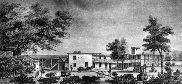 Drawing of Vignes' El Aliso winery. The eponymous sycamore tree stands to the left. Courtesy of the Photo Collection, Los Angeles Public Library.