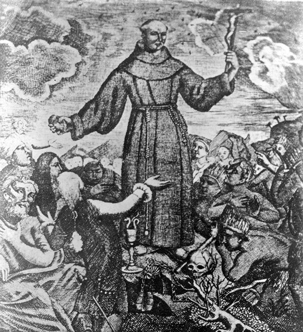 Lithograph depicting Junipero Serra surrounded by a congregation of Indians. Photo courtesy of the Title Insurance and Trust / C.C. Pierce Photography Collection, USC Libraries