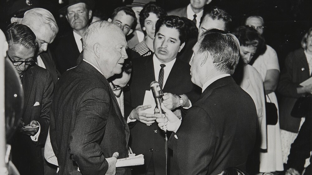 Rubén Salazar with former President Eisenhower, San Bernardino, CA, 1961| Rubén Salazar (1928-1970) Papers, USC Libraries Special Collections