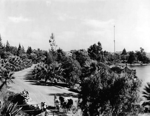 A buggy path became a palm-lined walking path. Courtesy of the Title Insurance and Trust, and C.C. Pierce Photography Collection, USC Libraries.