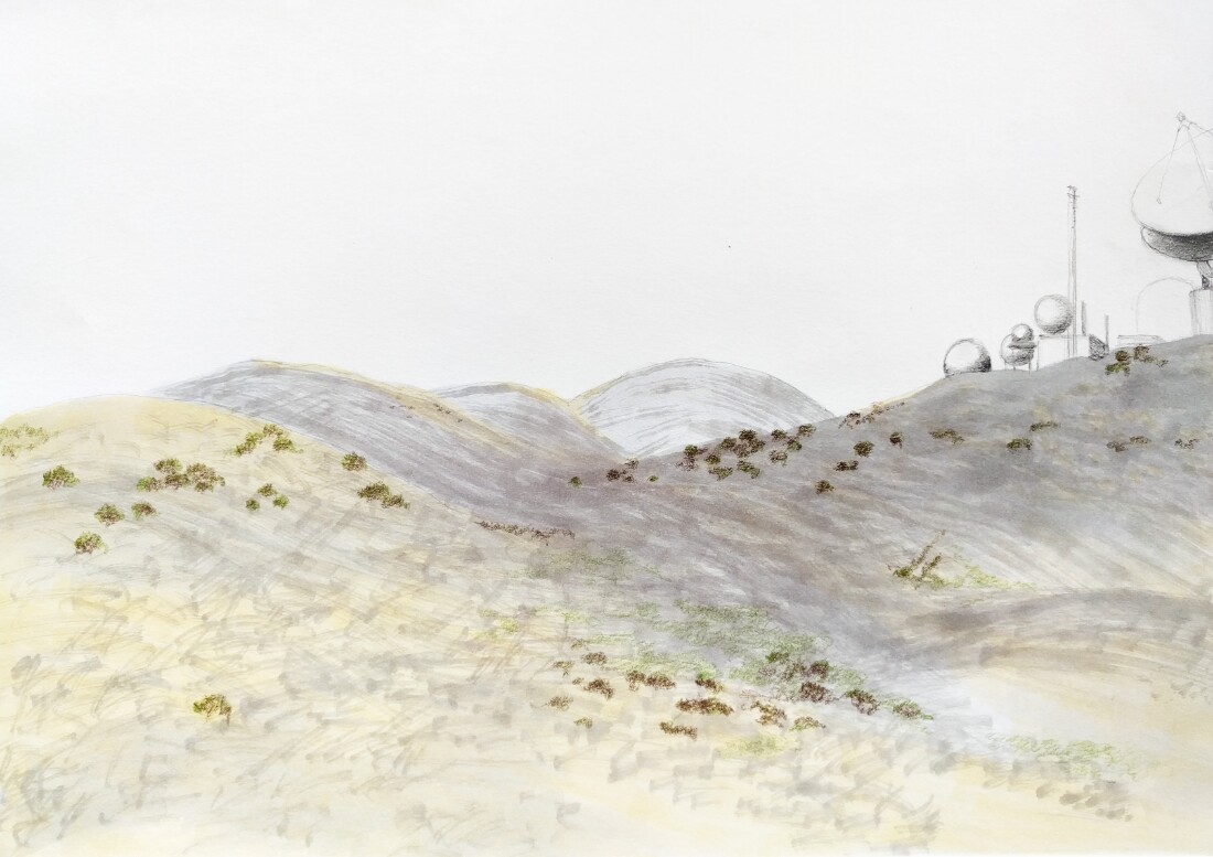 Sketch of the Ridge with Laguna Peak Tracking Station, 2016. Marker and pencil on paper | Jena Lee