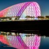 Outdoor evening shot of the Anaheim Regional Transportation Intermodal Center overlooking the Santa Ana River.