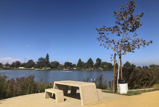 A concrete picnic table stands in between a dirt path trail and a lake. By the picnic table is a tree and a trash can. Beyond, birds float on the surface of the lake.