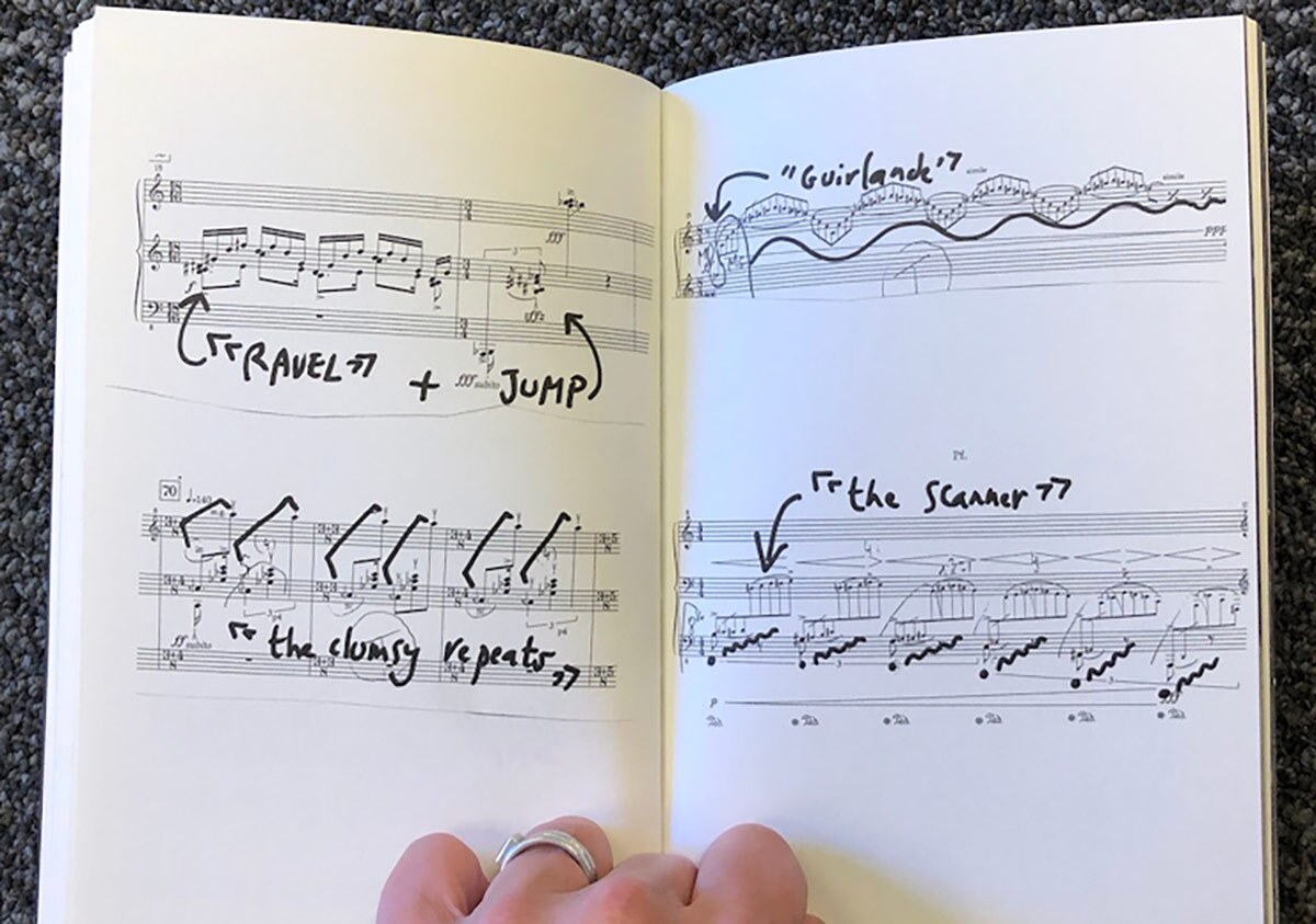 A small booklet of sheet music with accompanying dance notations by Anne Teresa De Keersmaeker forms part of UCLA's "The Choreographers’ Scores: 2020" project. | Anne Teresa De Keersmaeker