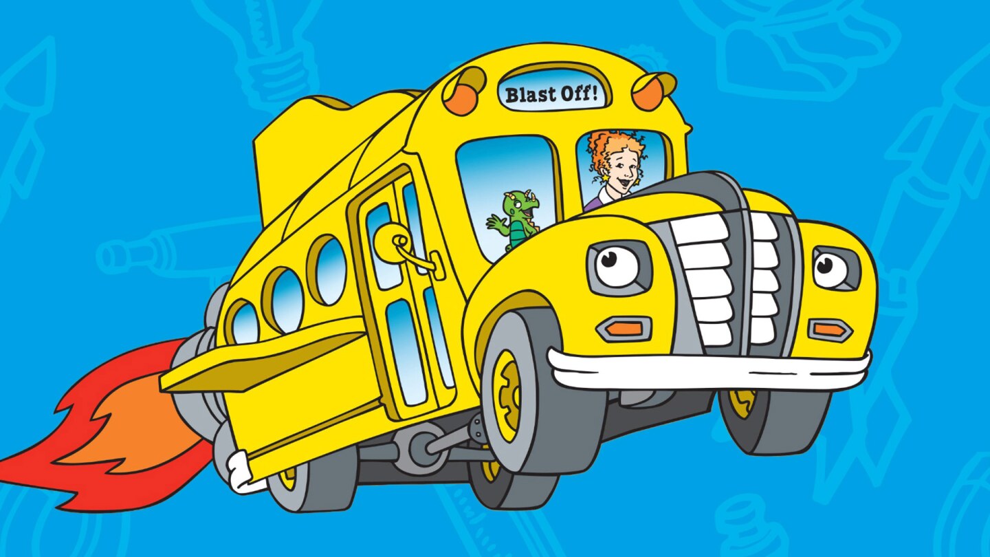 Cartoon of a woman and a lizard riding in a yellow school bus.