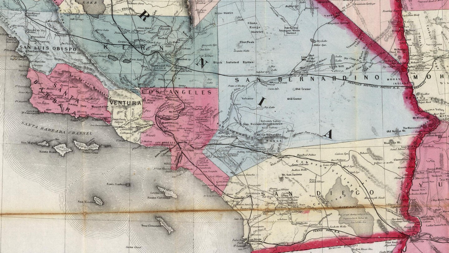 A map of Southern California counties from 1876, when Los Angeles and Orange counties were one. Courtesy of the David Rumsey Map Collection.