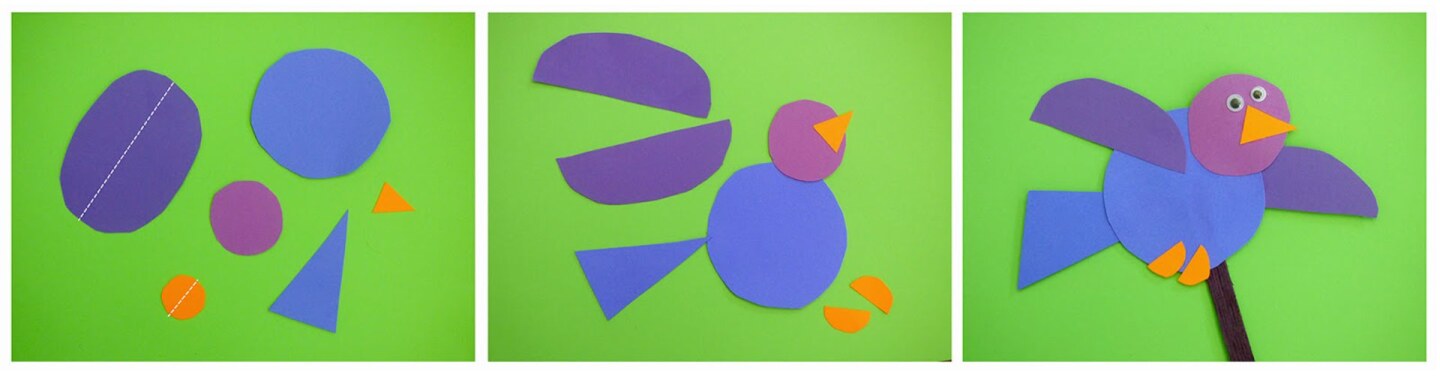 Pedazos de papel morado y azul cortados para asemejar un pájaro sobre un fondo azul.