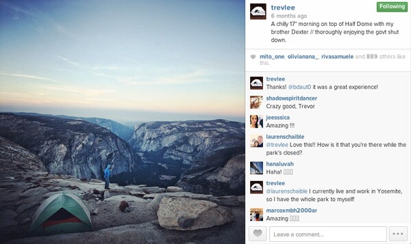 Trev and Dexter Lee's campsite on top of Half Dome during government shutdown.