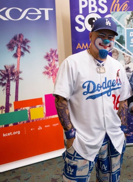 Dodgers Superfan Frankie Mercado aka Hiccups the Clown supports the team at the Los Angeles Central Library on November 23, 2019.