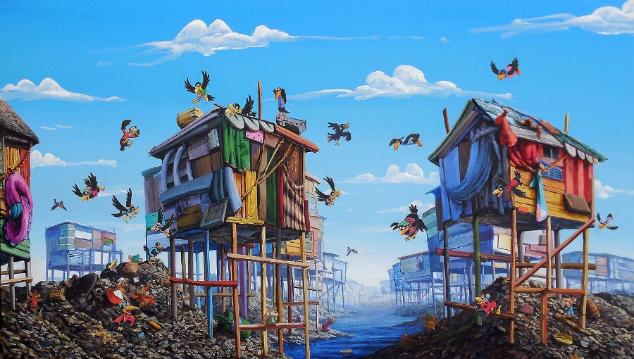 Jeff Gillette, "Crows." Disney book collage painting. | Image: Courtesy of the artist.