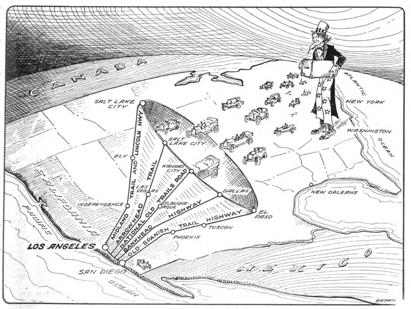 A political cartoon illustration of Uncle Sam standing on a map of the United States. Small cars pour out of a box he has in his hands. Th cars spill into a funnel that leads to Southern California, particularly in the region between Los Angeles and San Diego. Along the funnel, it reads, "Midland Trail and Lincoln Hwy, Arrowhead Trail, National Old Trails Road, Bankhead Highway and Old Spanish Trail Highway."