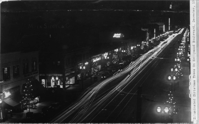 In 1928, the first year Hollywood merchants organized Santa Claus Lane, live fir trees were transplanted from Big Bear. Courtesy of the California Historical Society Collection, USC Libraries.