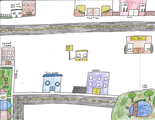 The first layer of Laura's map marks the ten locations that are important to her in her community. The map at the top of the page adds a second layer with description and experiences.